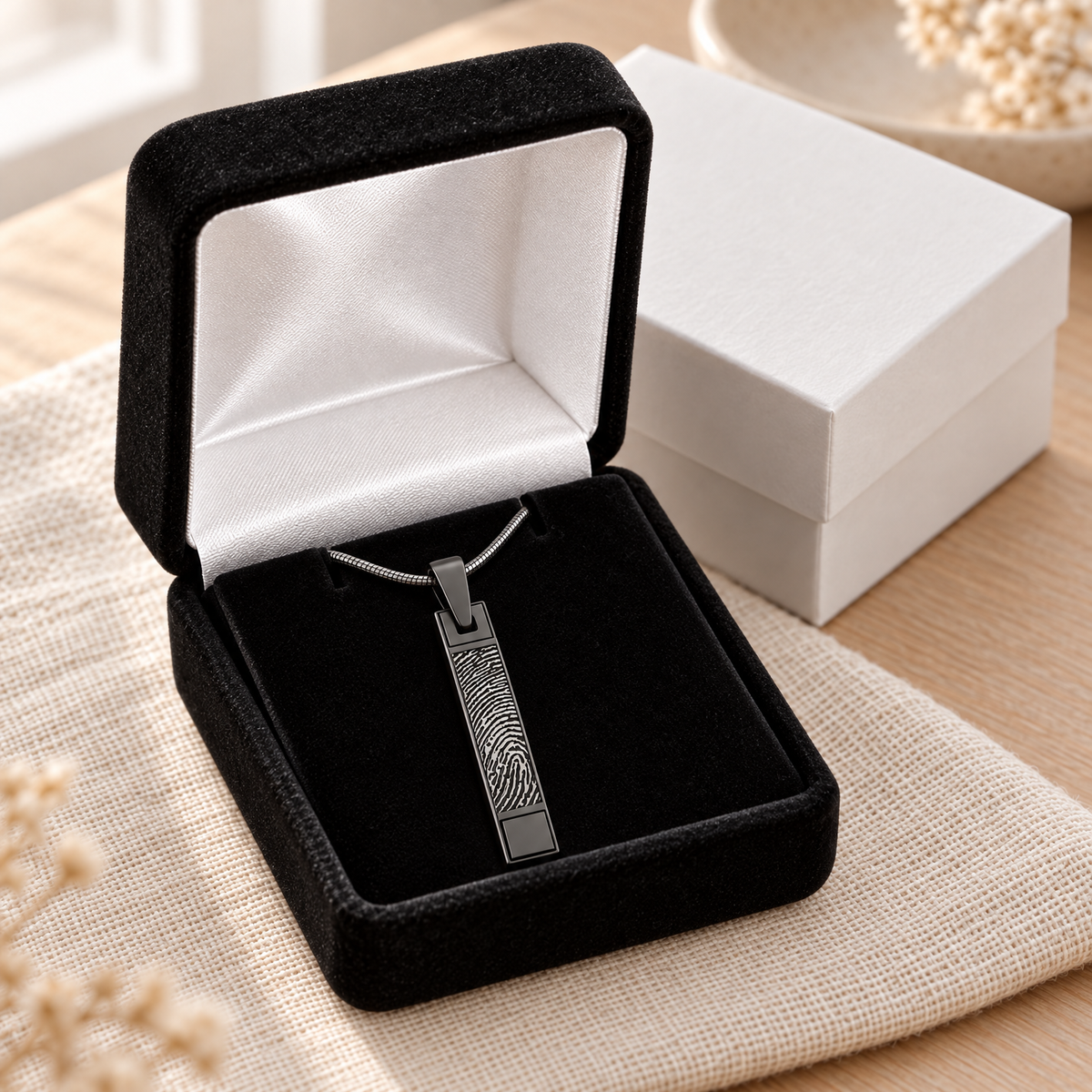 Barred Black Plated Fingerprint Necklace — gift box — evr4732bl