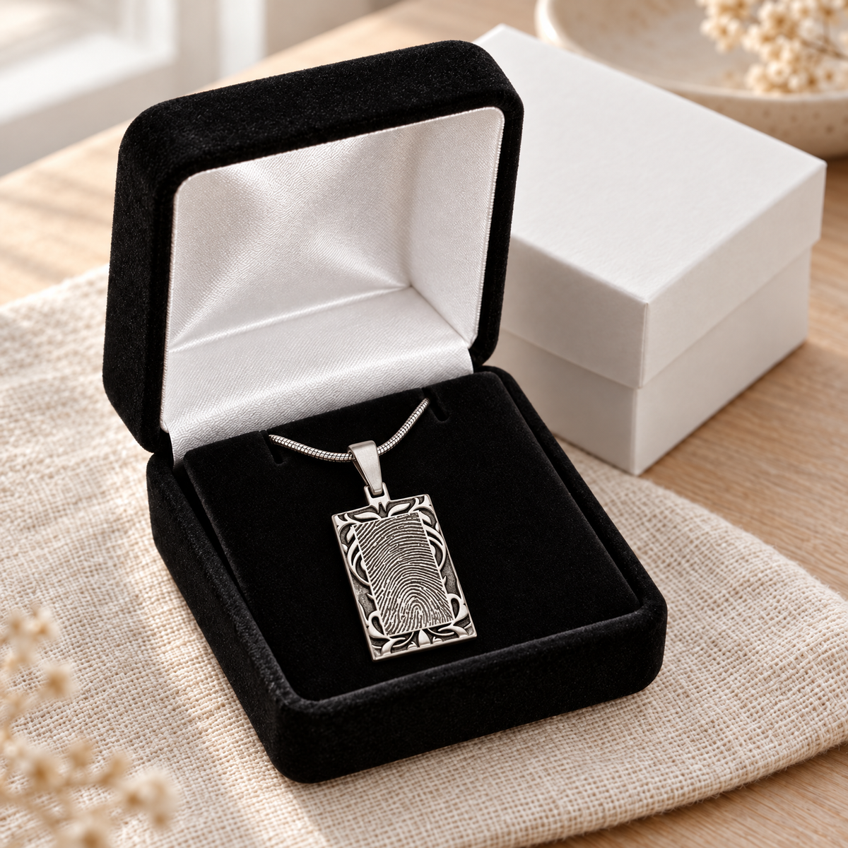 Carved Antique Sterling Silver Rectangle Fingerprint Necklace — gift box — evr4821as