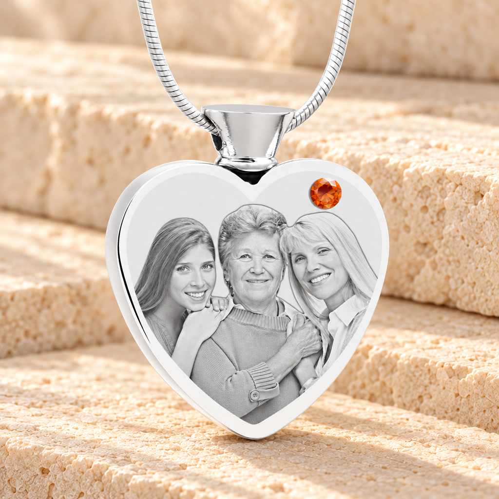 November Birthstone Heart Stainless Steel Picture Engraved Ash Pendant — main product image
