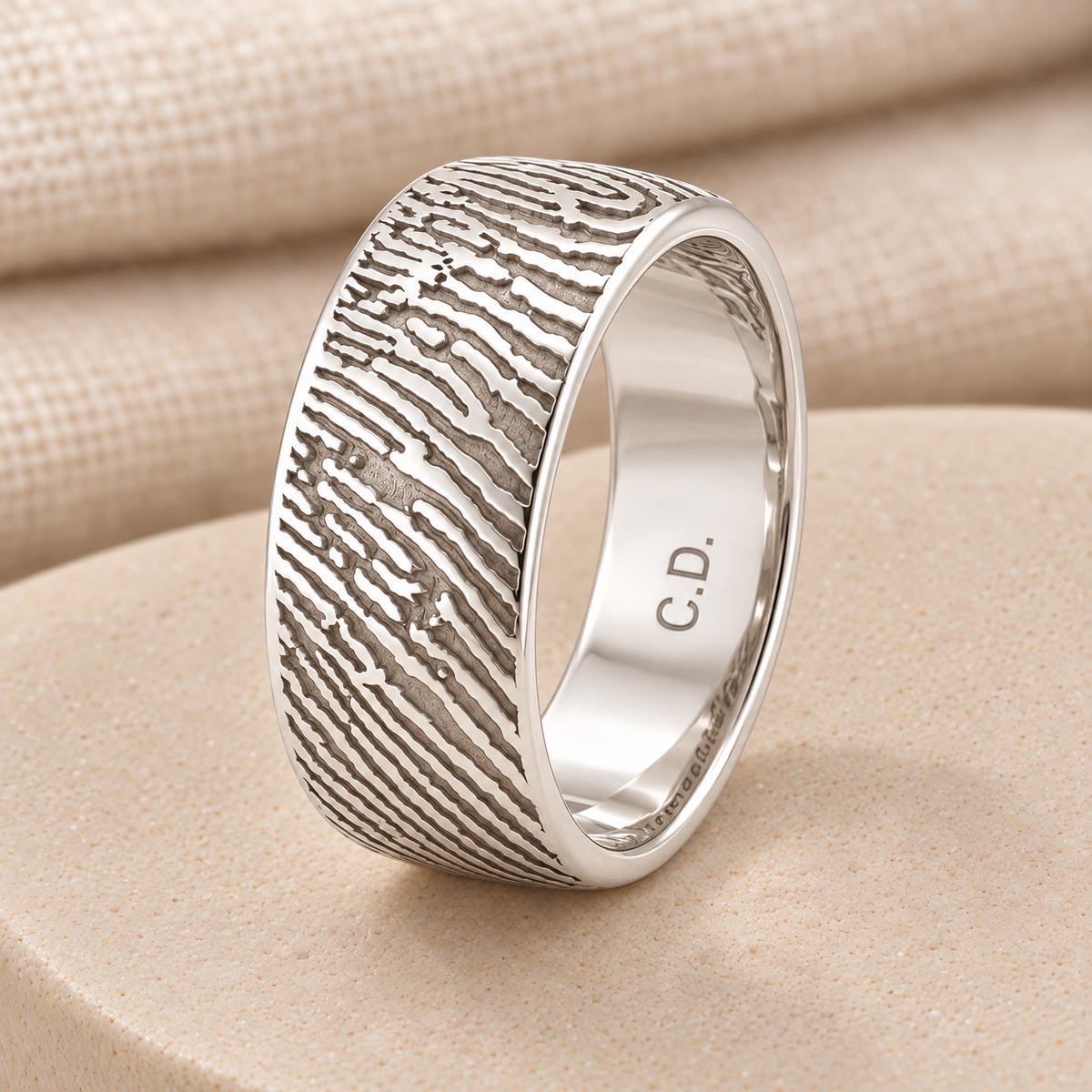 Men's Standard Solid 14k White Gold Fingerprint Ring — rear engraving — evr30001wg