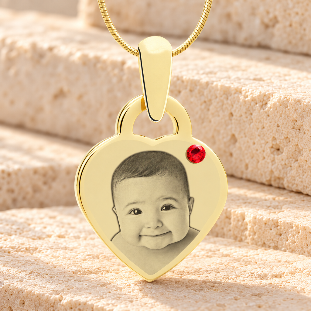 Birthstone Small Heart July Photo Engraved Gold Plated over Stainless Keepsake — main product image