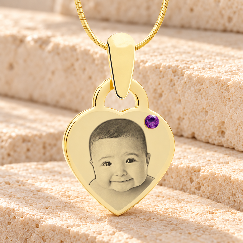 Birthstone Small Heart February Photo Engraved Gold Plated over Stainless Keepsake — main product image