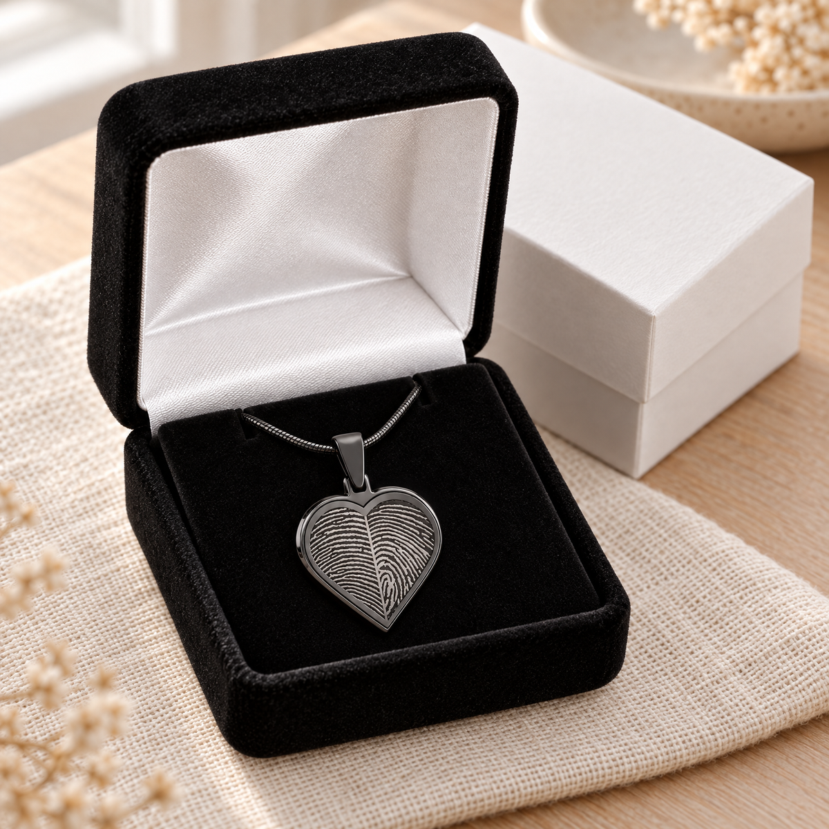 Black Plated Two Fingerprint Heart Fingerprint Necklace — gift box — evr4726bl