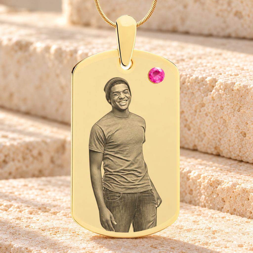 Birthstone Large Dog Tag October Photo Engraved Gold Plated over Stainless Keepsake — main product image