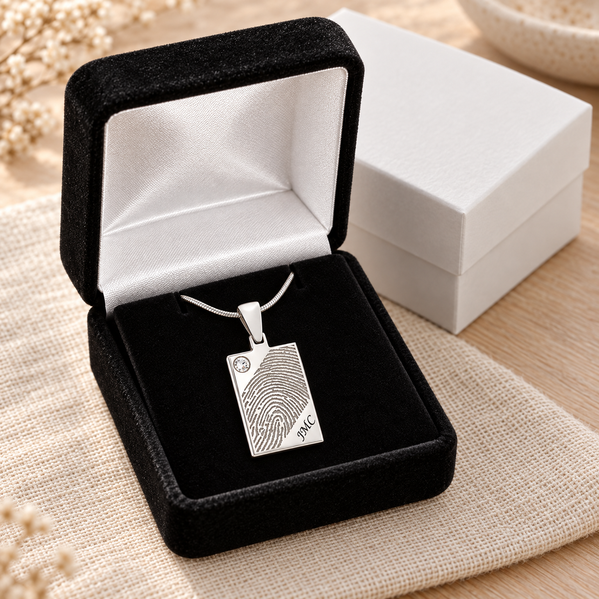Birthstone Rectangle Silver Fingerprint Necklace — gift box — evr4720ss