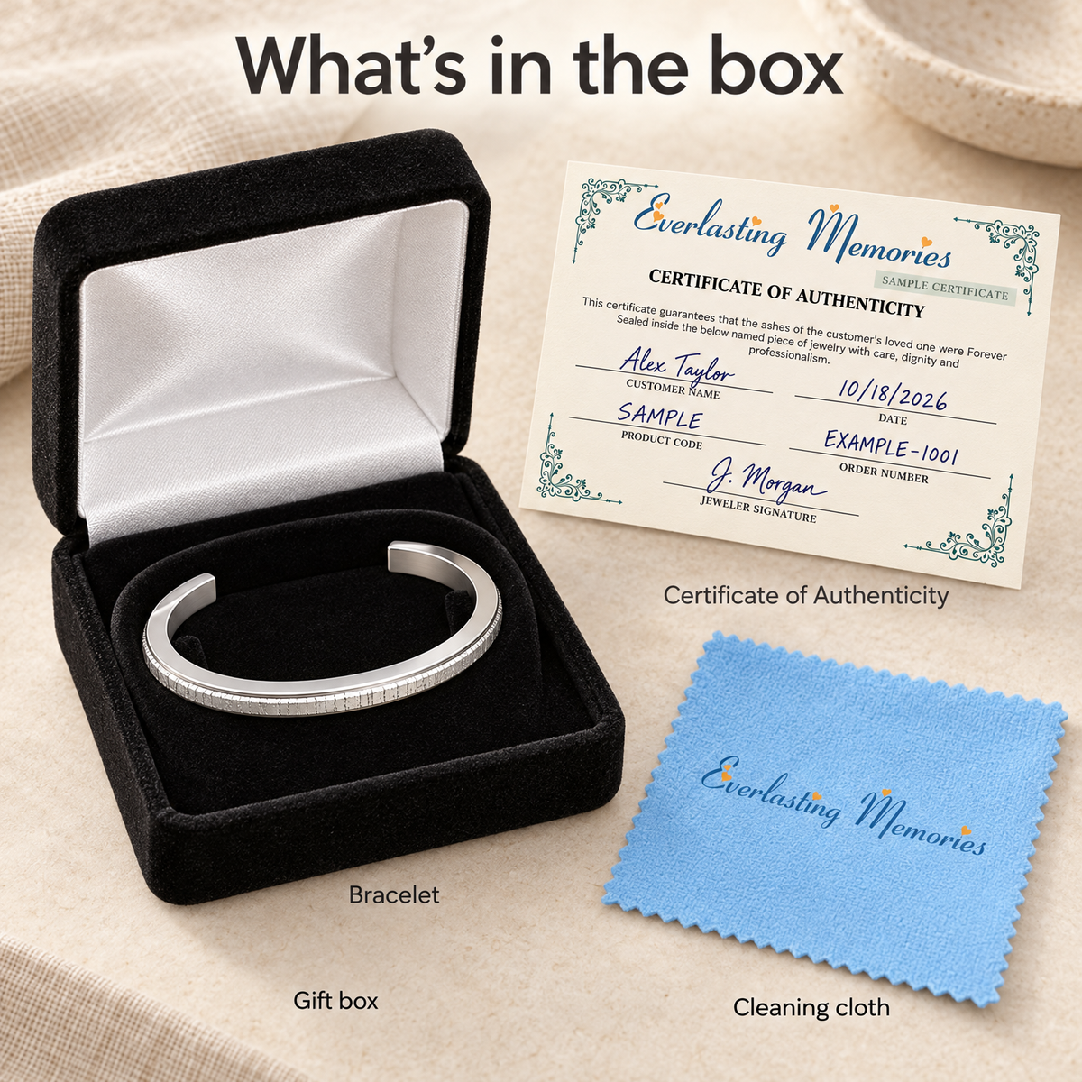 Solid 14K White Gold Textured Cuff Forever Sealed Memorial Bracelet — whats in box — evr20046wgfs