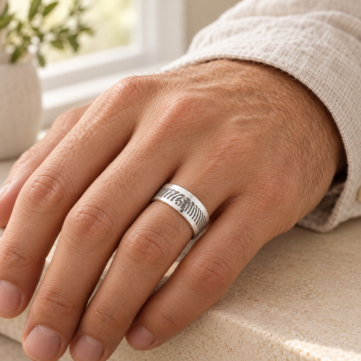 Men's Slender Line Solid 14k White Gold Fingerprint Ring — lifestyle — evr30003wg