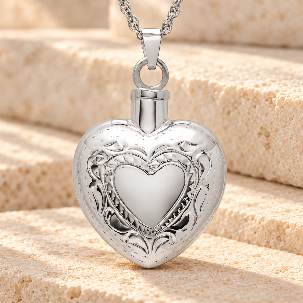 Etched Double Heart Cremation Urn Keepsake — main — evr162ss