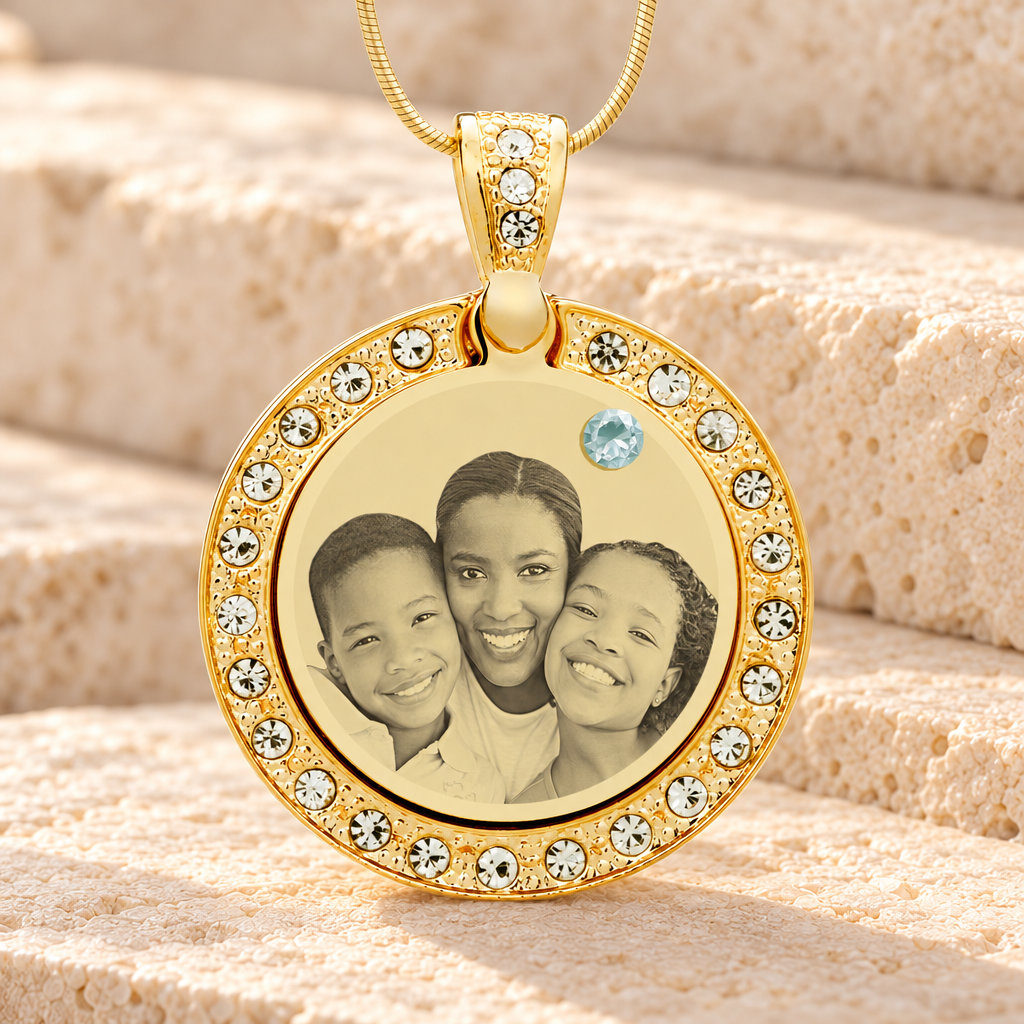 Birthstone Gem Circle April Photo Engraved Gold Plated over Stainless Keepsake — main product image