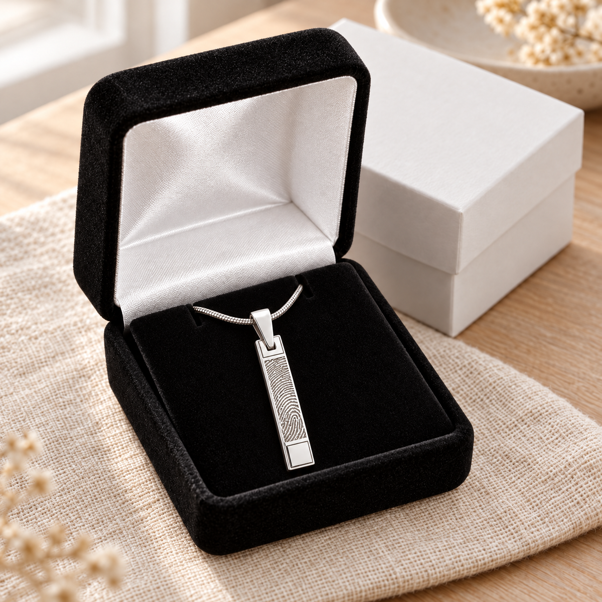 Solid 14k White Gold Barred Fingerprint Necklace — gift box — evr4732wg