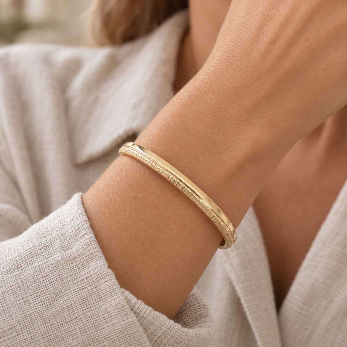 Solid 14K Gold Textured Cuff Forever Sealed Memorial Bracelet — lifestyle — evr20046kgfs
