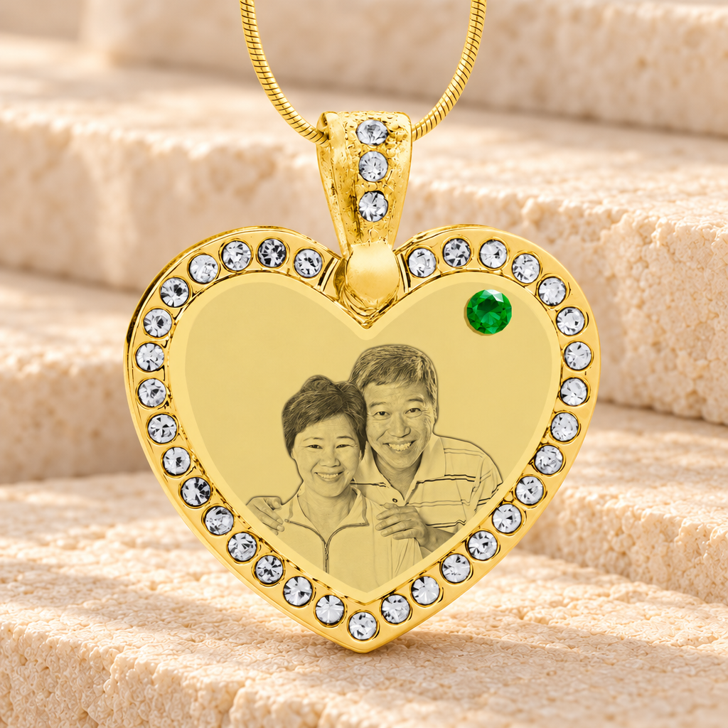 Birthstone Gem Heart May Photo Engraved Gold Plated over Stainless Keepsake — main product image