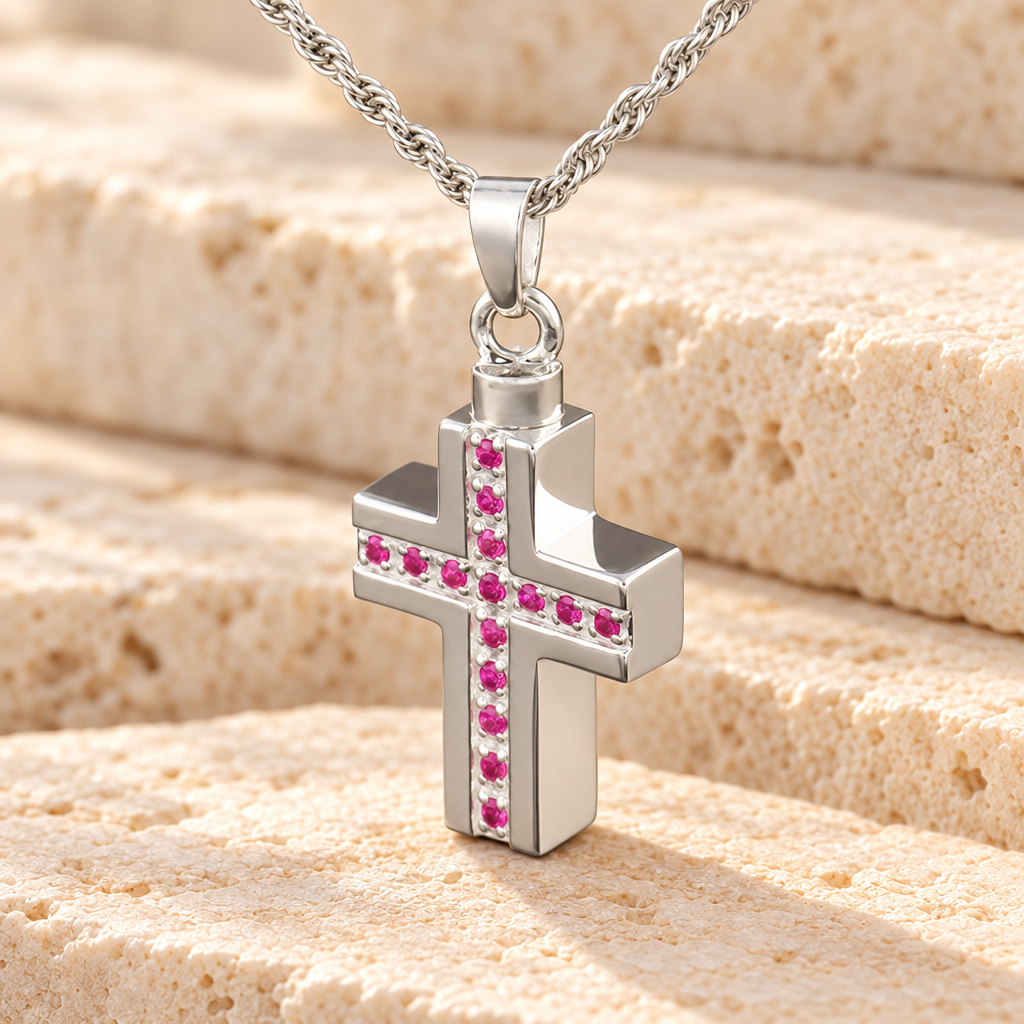 14k White Gold Spiritual Cross Memorial Locket — main — evr6336wg