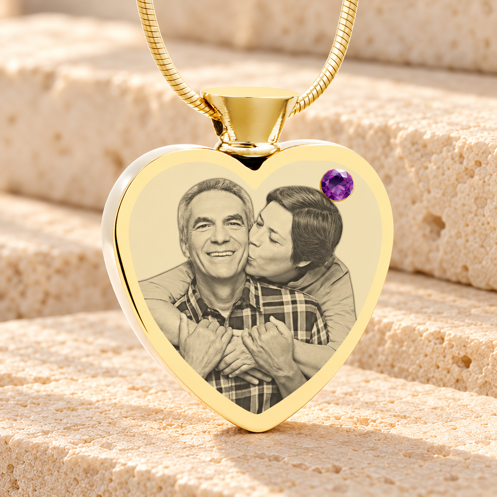 February Birthstone Heart Gold Plated Photo Engraved Ash Pendant — main product image