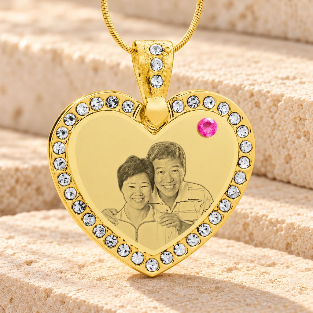 Birthstone Gem Heart October Photo Engraved Gold Plated over Stainless Keepsake — main product image