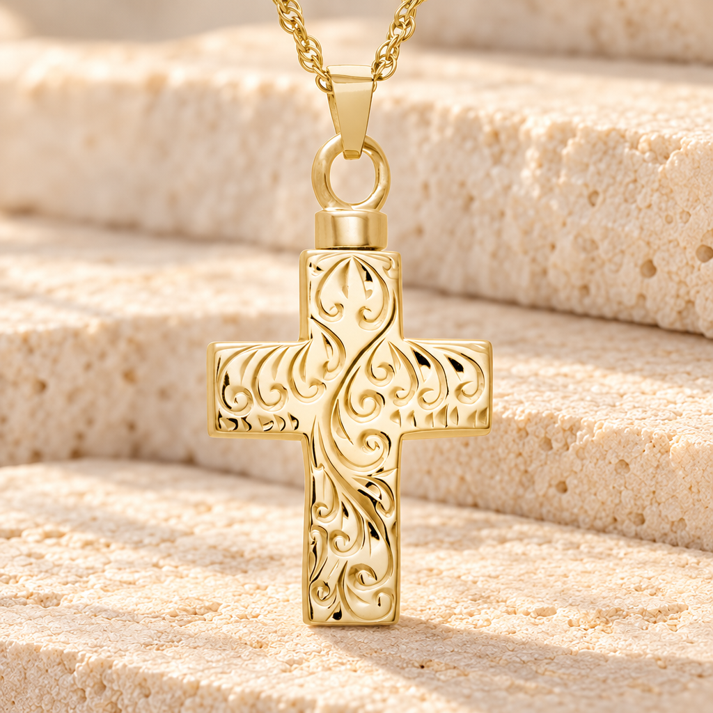 14K Gold Etched Cross Memorial Locket — main — evr121kg