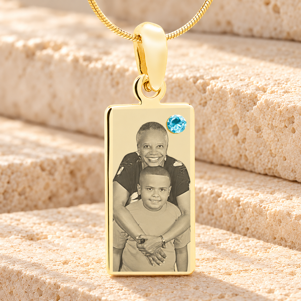 March Birthstone Gold Plated over Stainless Steel Tower Photo Pendant — main product image