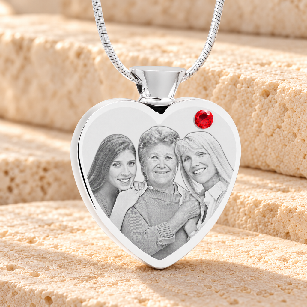 July Birthstone Heart Stainless Steel Picture Engraved Ash Pendant — main product image