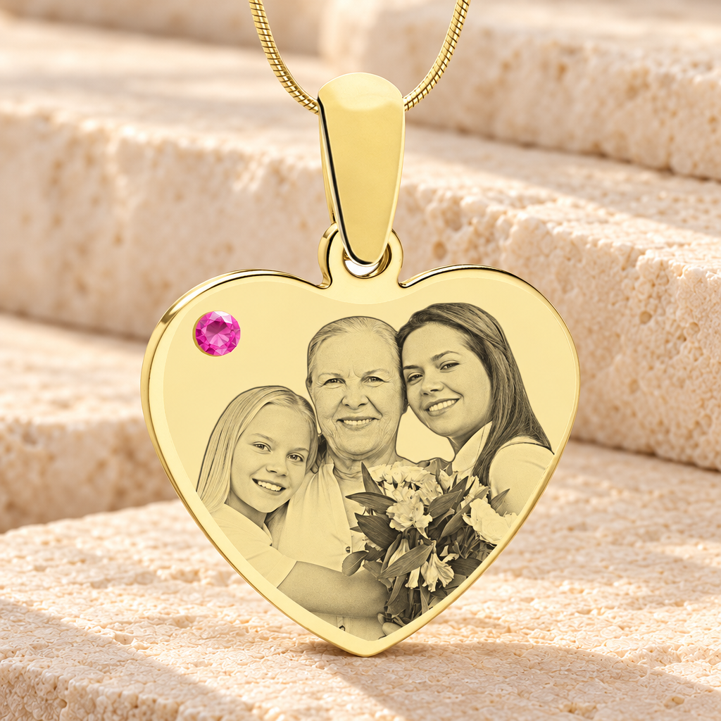 October Birthstone Heart Photo Engraved Gold Plated over Stainless Keepsake — main product image