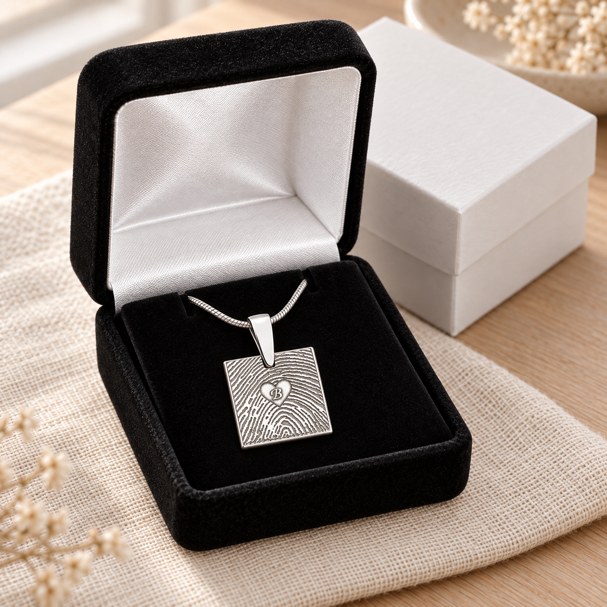 Solid 14k White Gold Initial Square Fingerprint Necklace — gift box — evr4829wg