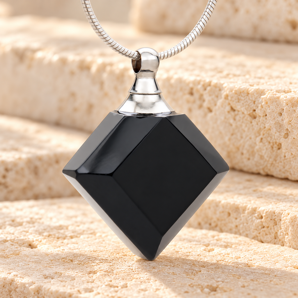 Glass Locket Ebony Diamond Keepsake Pendant — main — evr2057