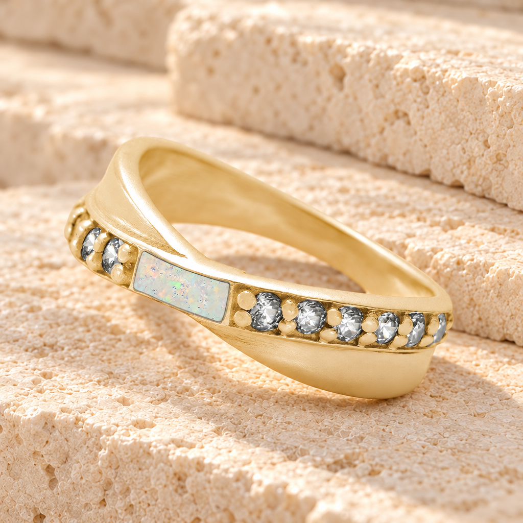 Solid 14K Gold Women's Claiborne Ash Ring with Crushed Cream Opal — main product image