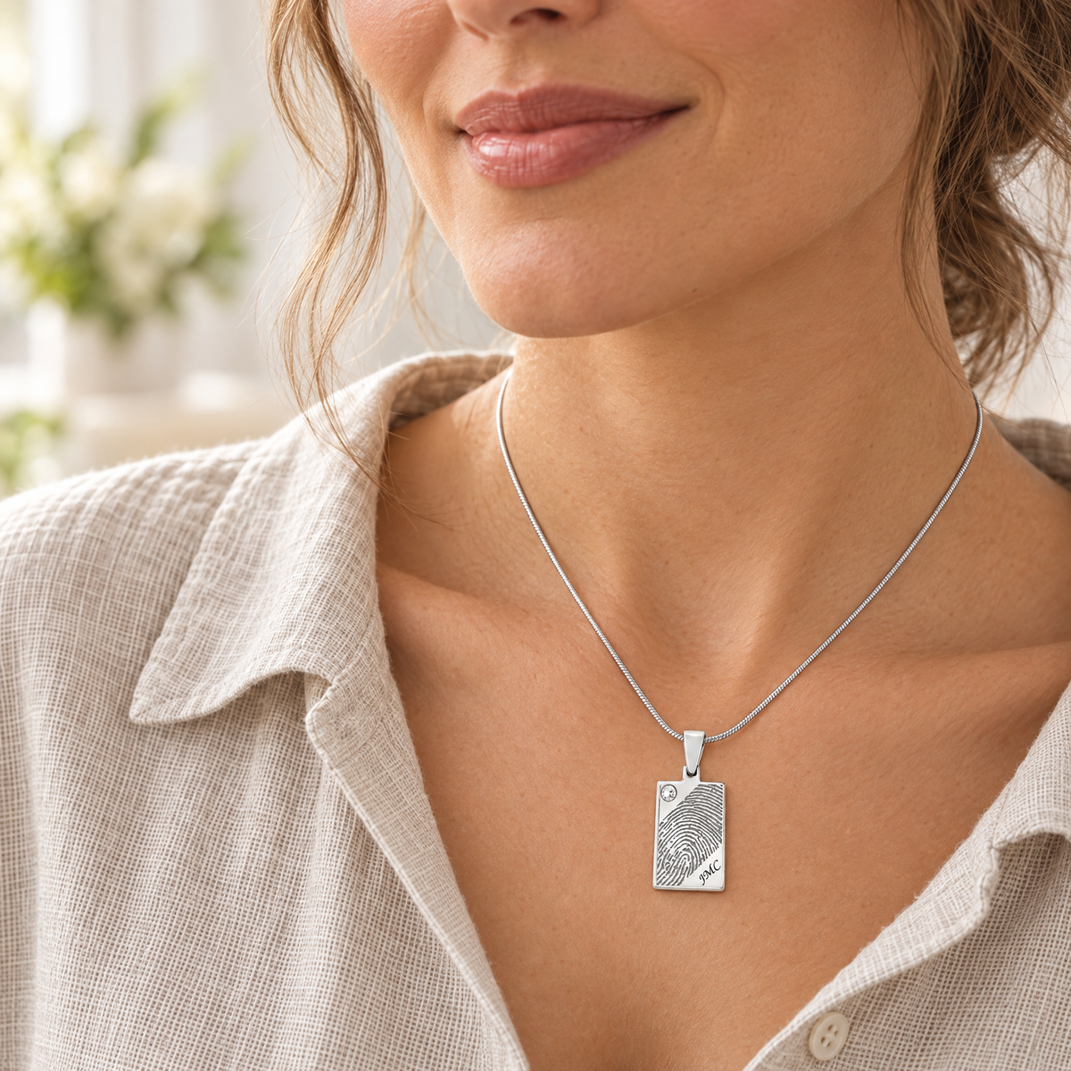 Birthstone Rectangle Silver Fingerprint Necklace — lifestyle — evr4720ss