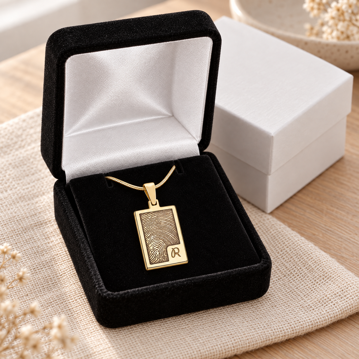 Gold Plated Sterling Silver Simple Rectangle Fingerprint Necklace — gift box — evr4828g