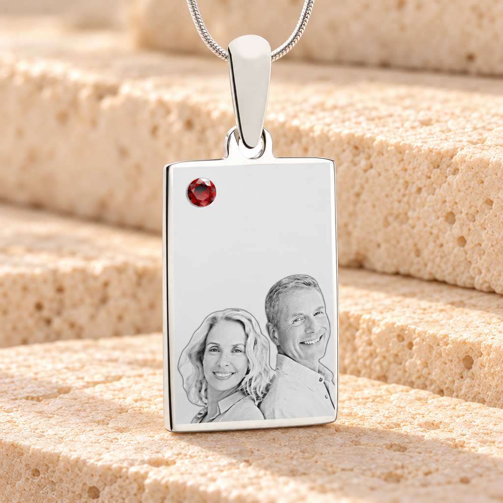 Birthstone Rectangle January Photo Engraved Stainless Keepsake — main product image