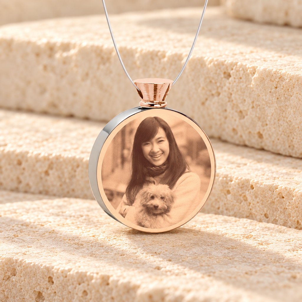Round Rose Gold Plated Picture Engraved Pet Ash Guardian — main — evr7413rg