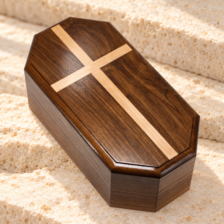 Walnut 8 Sided Cremation Urn w/ Maple Cross