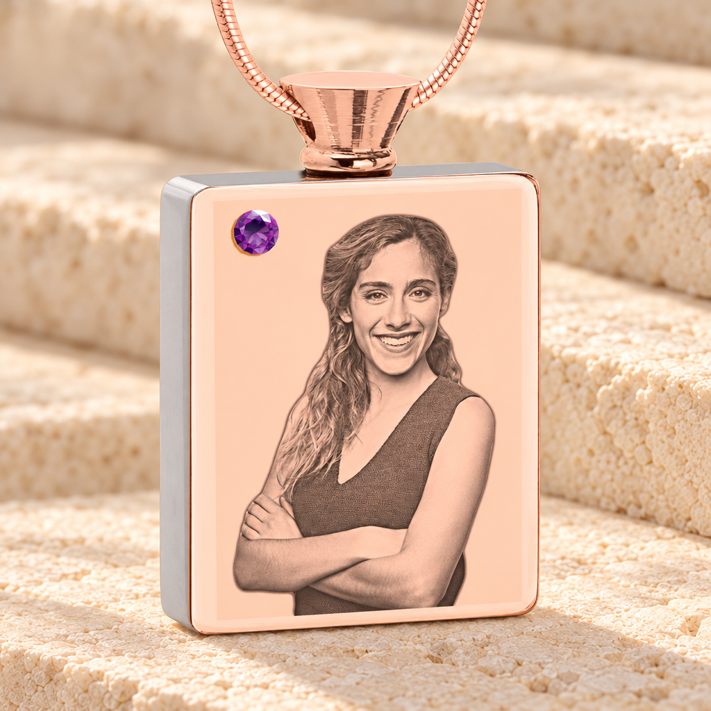 February Birthstone Rectangle Rose Gold Plated Photo Engraved Ash Pendant — main product image
