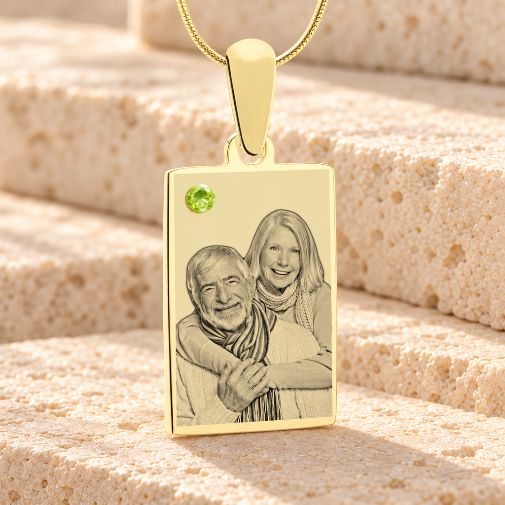 Birthstone Rectangle August Photo Engraved Gold Plated over Stainless Keepsake — main product image