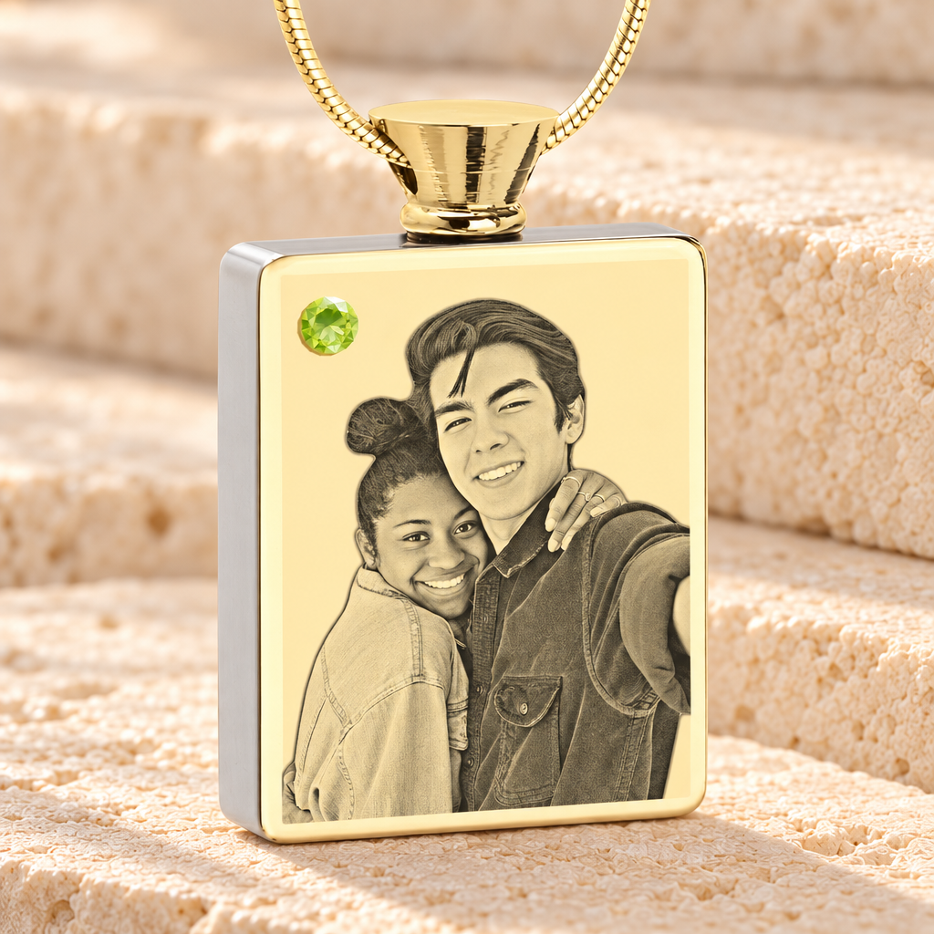 August Birthstone Rectangle Gold Plated Photo Engraved Ash Pendant — main product image
