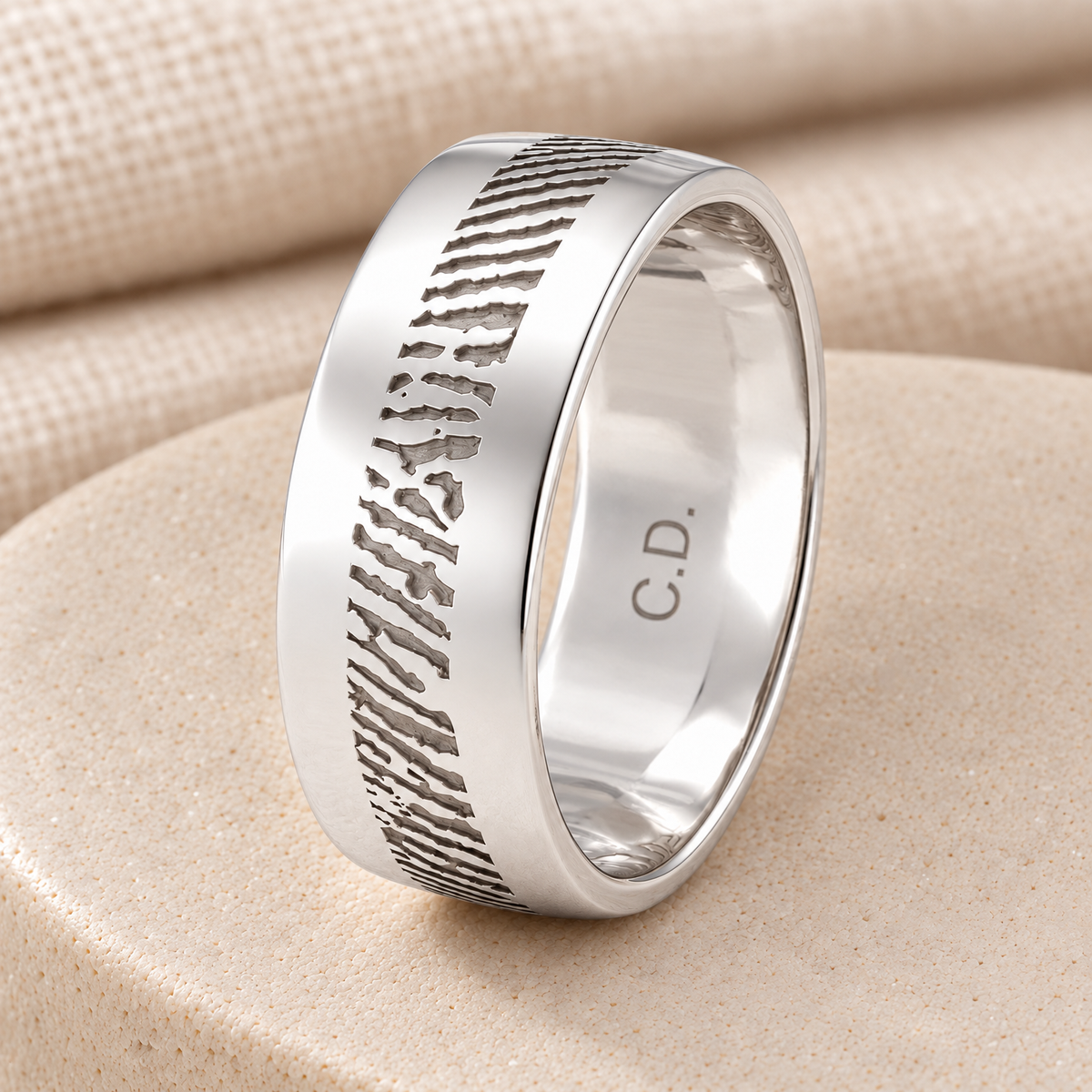Men's Slender Line Solid 14k White Gold Fingerprint Ring — rear engraving — evr30003wg