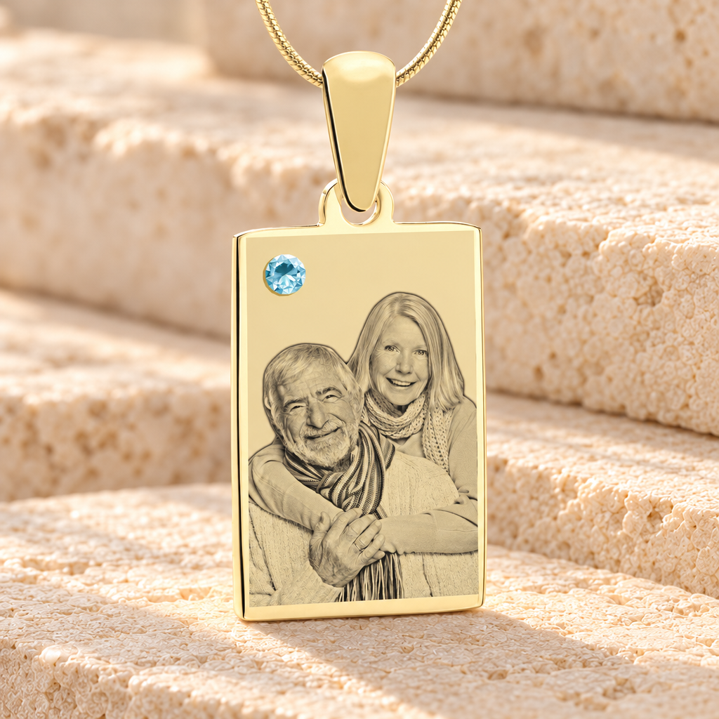 Birthstone Rectangle March Photo Engraved Gold Plated over Stainless Keepsake — main product image