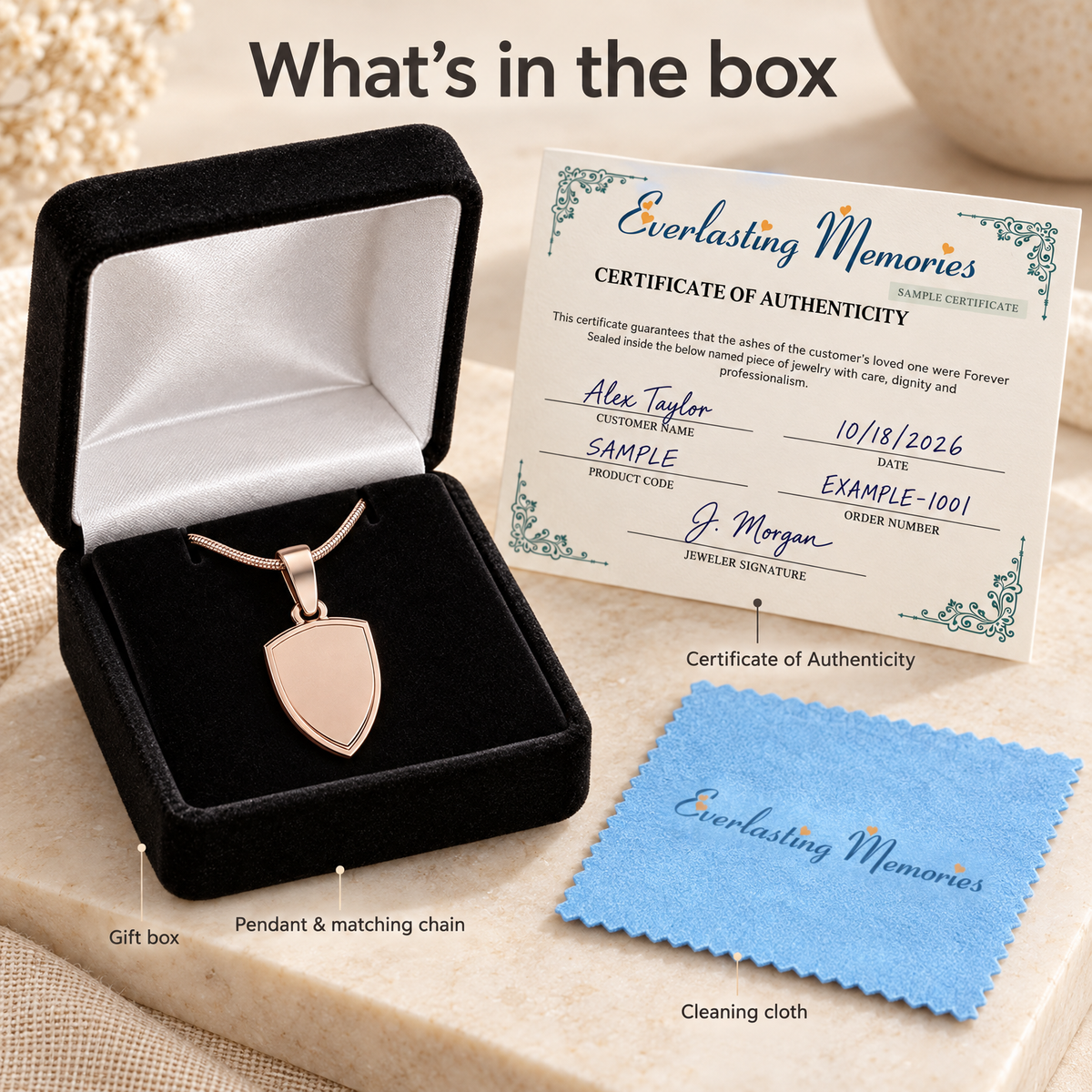 Rose Gold Plated Shield Me Forever Sealed Memorial Jewelry — whats in box — evr20013rgfs