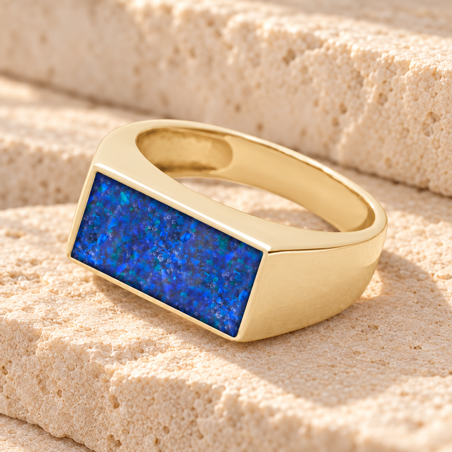 Solid 14K Gold Men's Drexel Ash Ring with Opal Blue Waters
