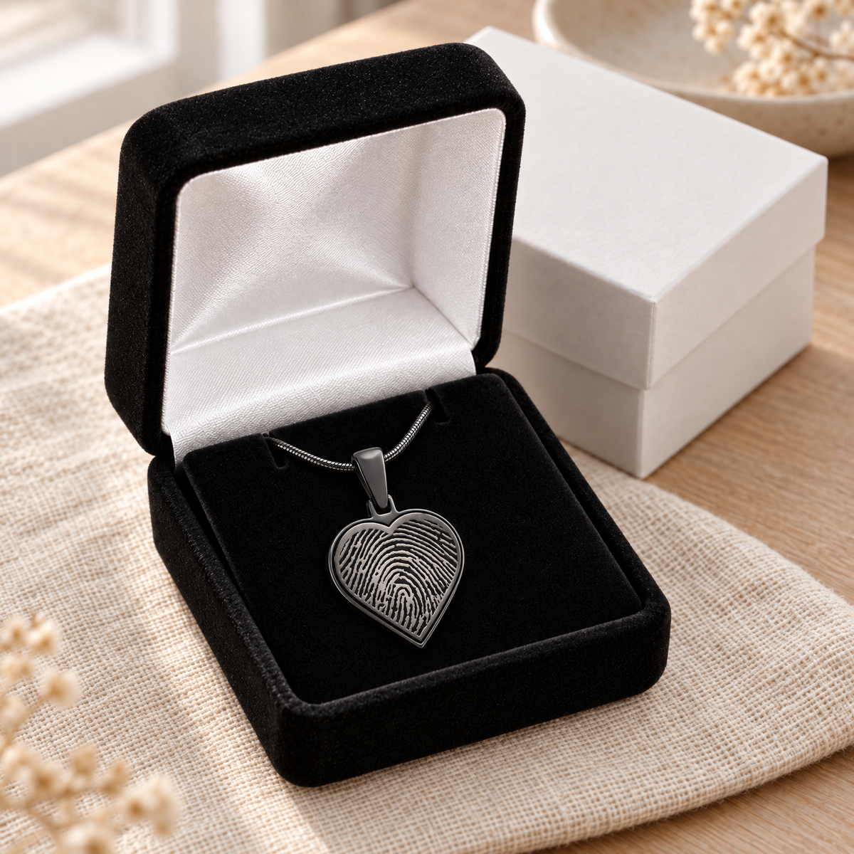 Black Plated Heart Fingerprint Necklace — gift box — evr4728bl