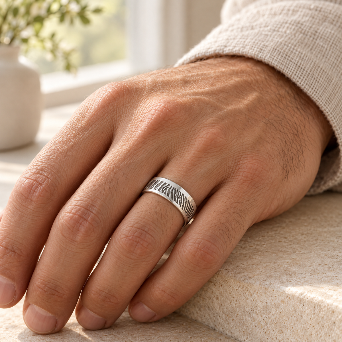 Men's Slender Line Sterling Silver Fingerprint Ring — lifestyle — evr30003s