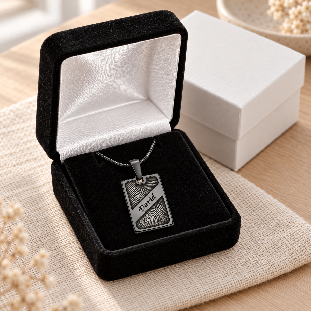 Black Plated Sterling Silver Memorial Rectangle Fingerprint Necklace — gift box — evr4834b