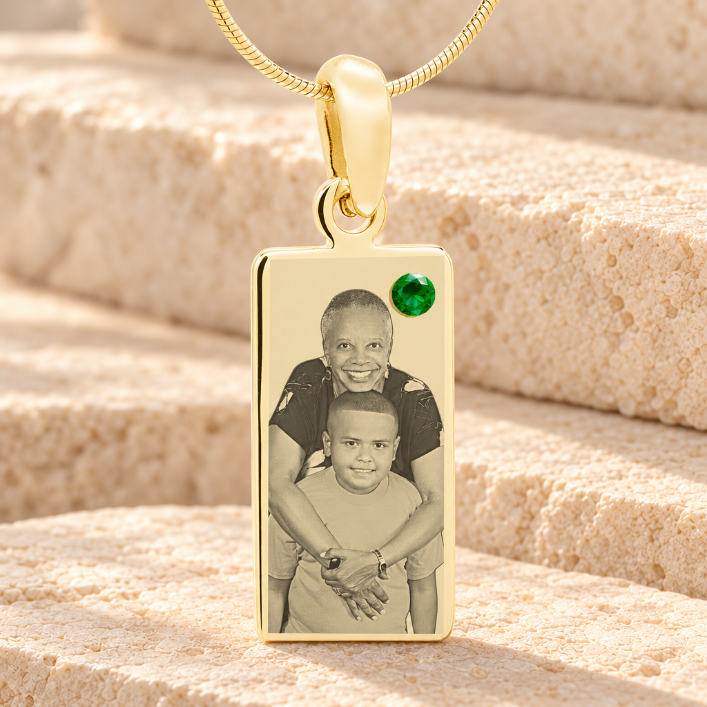 May Birthstone Gold Plated over Stainless Steel Tower Photo Pendant — main product image