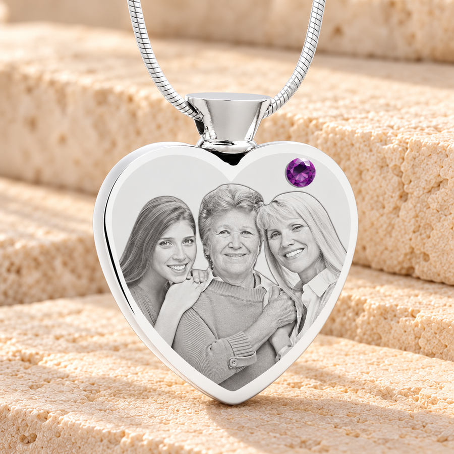February Birthstone Heart Stainless Steel Picture Engraved Ash Pendant