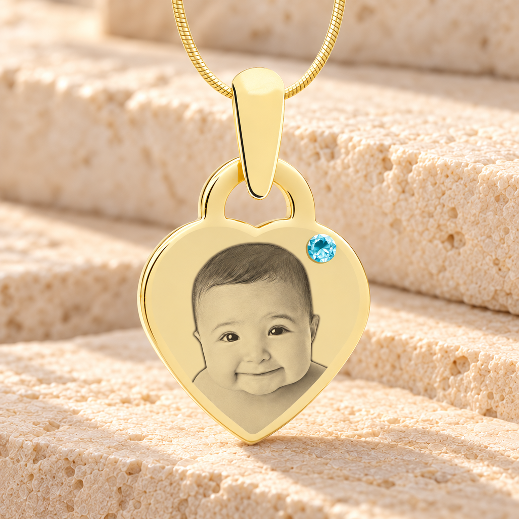 Birthstone Small Heart March Photo Engraved Gold Plated over Stainless Keepsake — main product image
