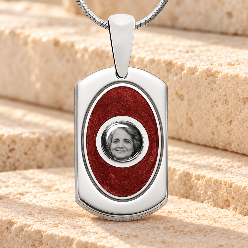 Dog Tag Sterling Silver Picture Pendant With Garnet Ashes — main product image