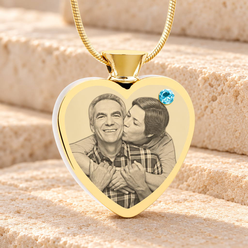 March Birthstone Heart Gold Plated Photo Engraved Ash Pendant — main product image