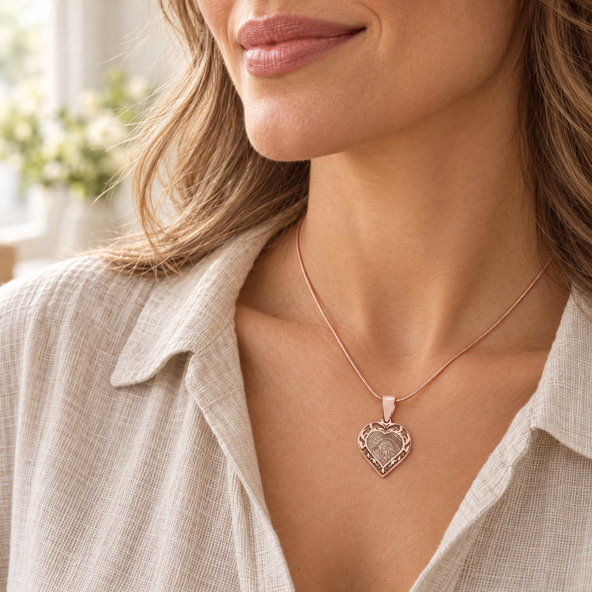 Rose Gold Plated Sterling Silver Carved Heart Fingerprint Necklace — lifestyle — evr4832rg