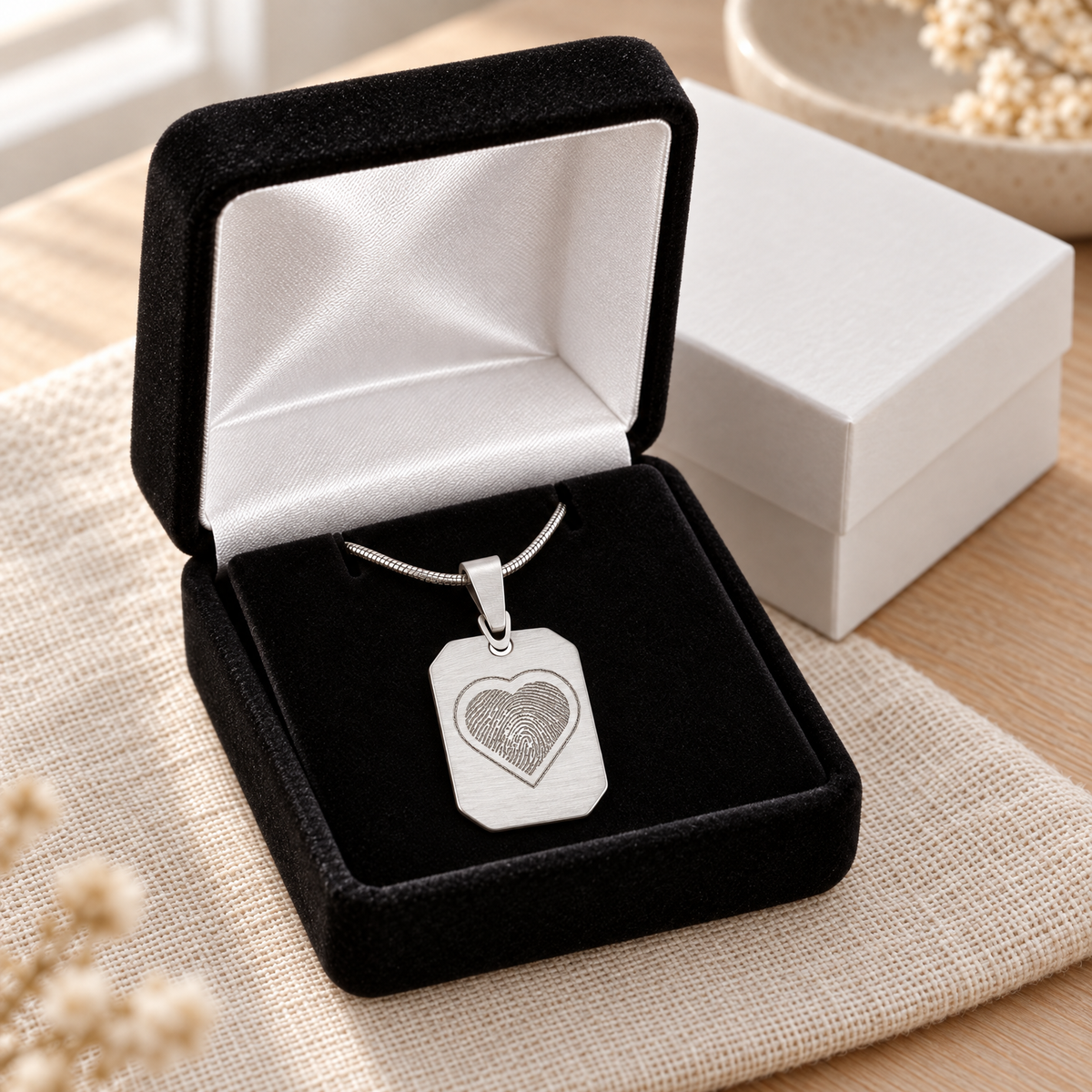 Brushed Stainless Octagon with Heart Fingerprint Necklace — gift box — evr4902