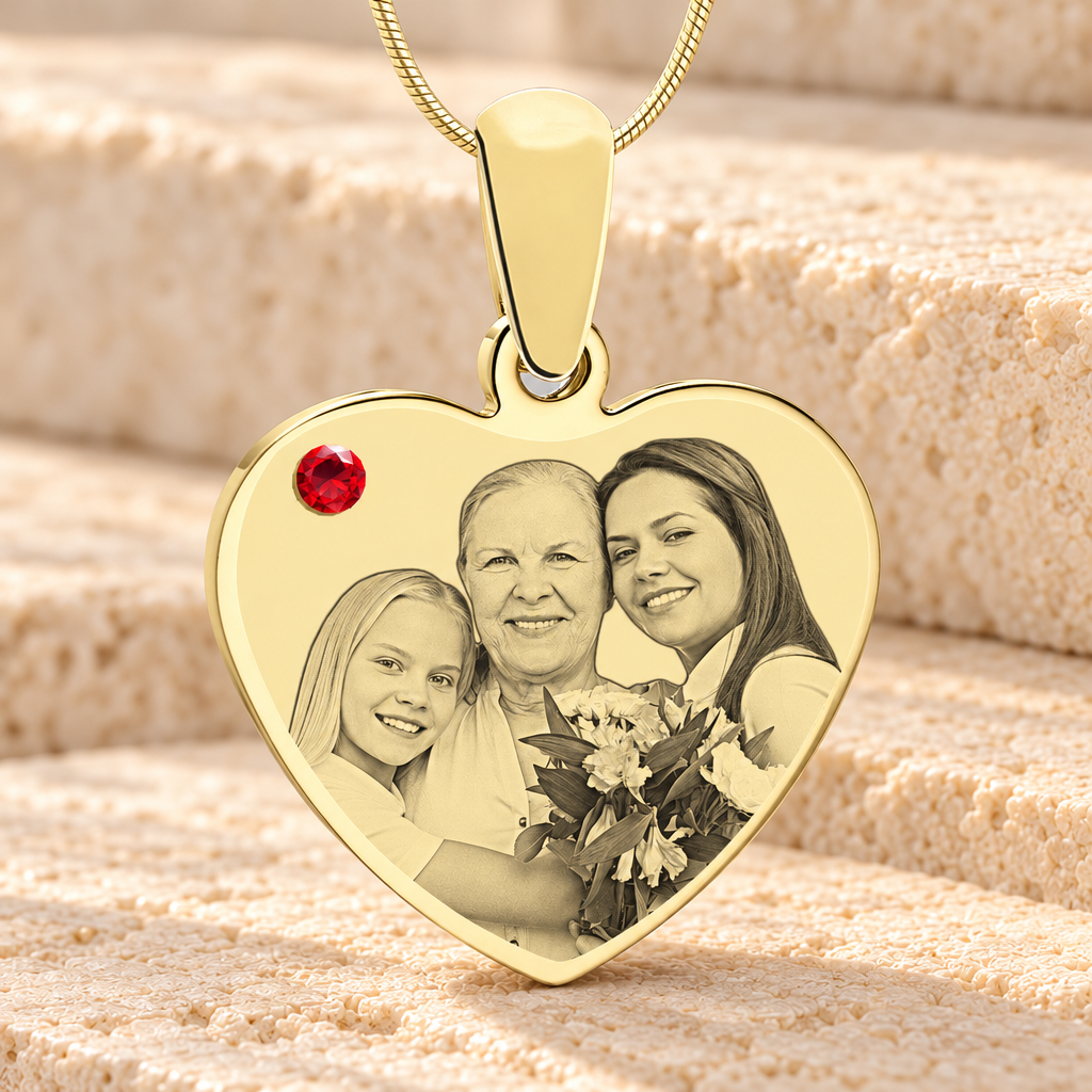July Birthstone Heart Photo Engraved Gold Plated over Stainless Keepsake — main product image