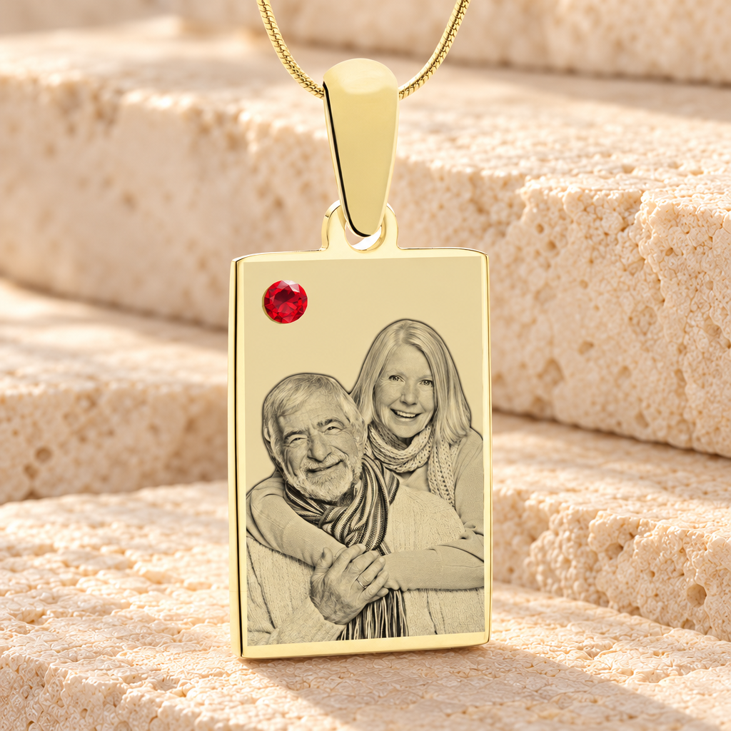 Birthstone Rectangle July Photo Engraved Gold Plated over Stainless Keepsake — main product image